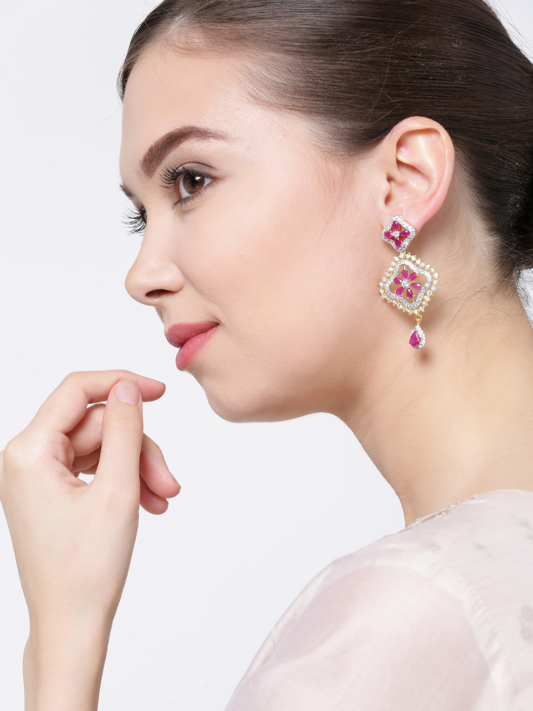 YouBella Magenta Gold-Plated Stone-Studded Drop Earrings